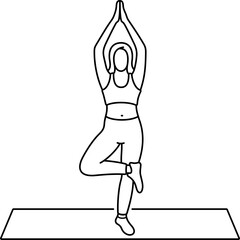 Healthy young female doing yoga tree pose standing on one leg with hands joined overhead.