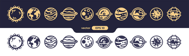 Abstract planets set. Planet Earth and sun icon. Space background. World symbol. Vector eps10 illustration. Flat design. Line art. Simple minimalystic design. Silhouette isolated. Icons set. © Ihor