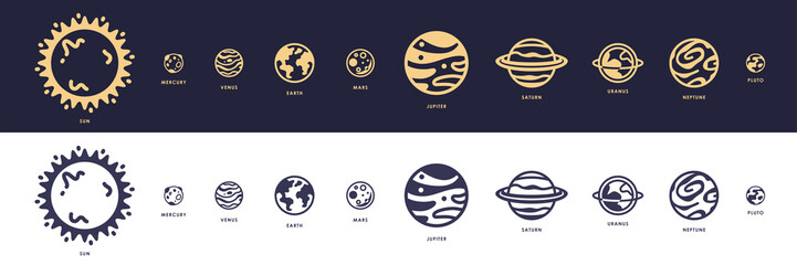 Solar system. Planets set. Planet Earth and sun icon. Space background. World symbol. Vector eps10 illustration. Flat design. Line art. Simple minimalystic design. Silhouette isolated. Icons set.