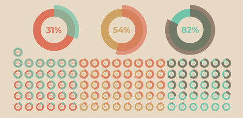 Loading indicator. Progress bar. Percentage meter. UI, User interface. Loading symbol. Download process. Circle icons set. Minimalistic template. Realistic retro design. Vector illustration.