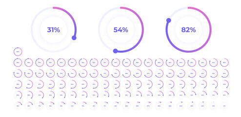 Loading indicator. Progress bar. Percentage meter. UI, User interface. Loading symbol. Download process. Circle icons set. Minimalistic template. Realistic modern design. Vector illustration.