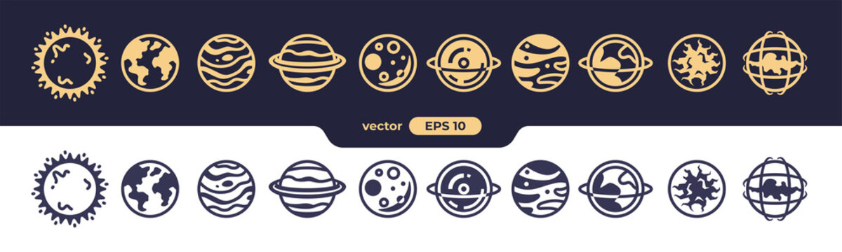 Abstract planets set. Planet Earth and sun icon. Space background. World symbol. Vector eps10 illustration. Flat design. Line art. Simple minimalystic design. Silhouette isolated. Icons set.