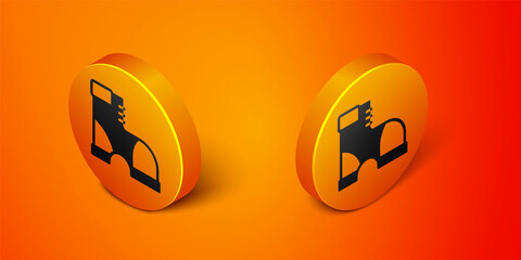 Isometric Hunter boots icon isolated on orange background. Orange circle button. Vector