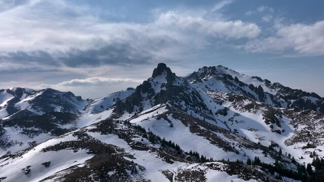 Aerial drone footage of Ciucas Mountain summit. Top of the mountain. Sunny day