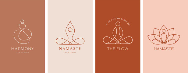 Collection of Yoga, Zen and Meditation logos, linear icons and elements. Bohemian style minimalist illustrations in pastel colors