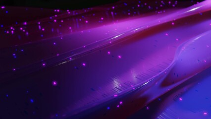 3d rendering. Abstract 3D surface with beautiful waves, luminous sparkles and bright blue purple color gradient. Waves on very shiny, glossy surface with glow glitter
