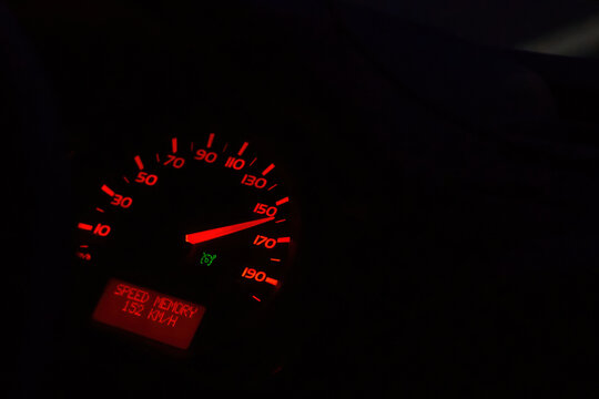 Close up shot of a speedometer in a car. high speed. close up