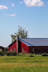 Fototapeta na wymiar Red barn on an Amish farm behind an overgrown pasture | Amish country, Ohio