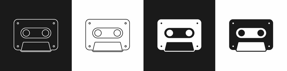 Set Retro audio cassette tape icon isolated on black and white background. Vector