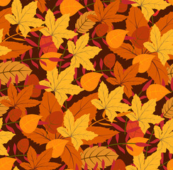 Leaves seamless pattern for wallpaper, textile or packaging. Vector background from botanical elements repeat. Leaf leafs gold, orange, green color. Endless foliage illustration.
