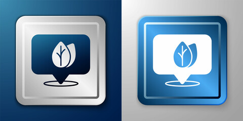 White Location pin with leaf inside icon isolated on blue and grey background. Leaves sign. Fresh natural product symbol. Silver and blue square button. Vector
