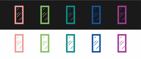 Set Big full length mirror for bedroom, shops, backstage icon isolated on black and white background. Vector