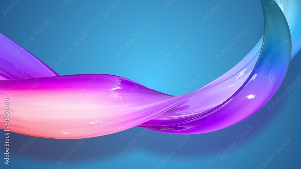 Poster 3d render. twisted ribbon of gradient red blue violet color move around on a blue background. abstra