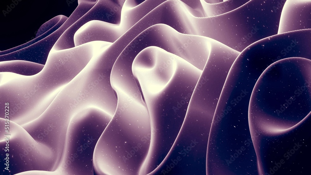 Poster 3d render. abstract waves of soft black matte material with light inner glow and glitters on surface