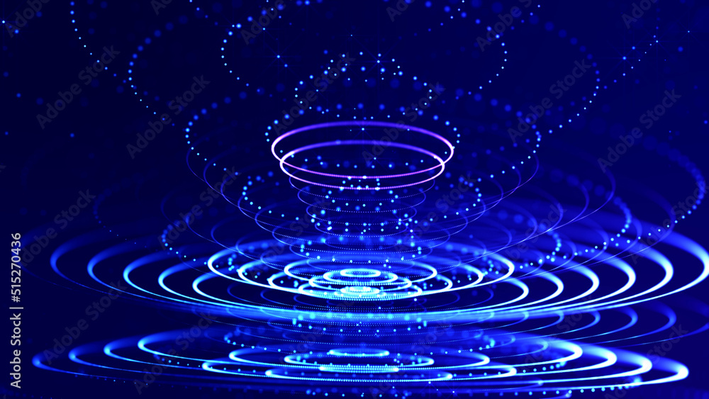 Poster 3d render. abstract sci-fi bg with glow particles form curved lines, surfaces, hologram structures o