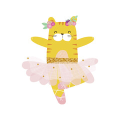 Funny tiger ballerina. Childish graphic. Vector hand drawn illustration.