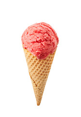 Cherry ice cream scoops with cone isolated on white background