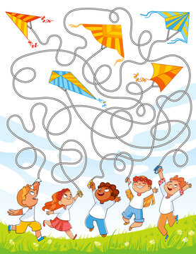 Kids puzzle maze. Children fly kites into the sky. Funny cartoon character. Vector illustration