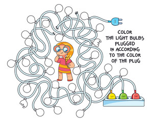 Kids maze puzzle. Color the light bulbs plugged in according to the color of the plug. Cartoon characters. Funny vector illustration. Isolated on white background