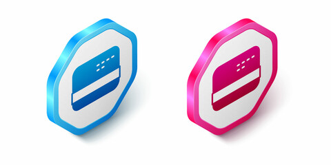 Isometric Credit card icon isolated on white background. Online payment. Cash withdrawal. Financial operations. Shopping sign. Hexagon button. Vector