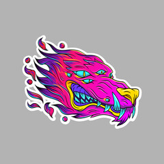 Surrealist wolf head sticker. Fantasy animal concept. Comics art vector illustration. 