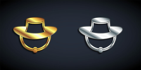 Gold and silver Fisherman hat icon isolated on black background. Long shadow style. Vector