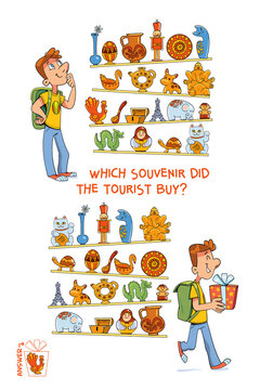 Find the differences puzzle game. Which souvenir did the tourist buy. Find hidden objects in the picture. Puzzle Hidden Items. Funny cartoon character. Vector illustration