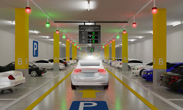 Smart Parking lot Guidance System with Overhead Indicators, Intelligent sensors assist control/monitor, Efficient management, 3D Rendering