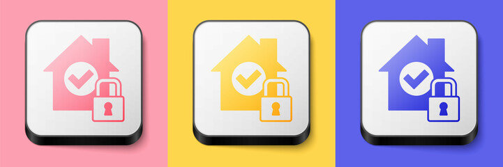 Isometric House under protection icon isolated on pink, yellow and blue background. Home and lock. Protection, safety, security, protect, defense concept. Square button. Vector