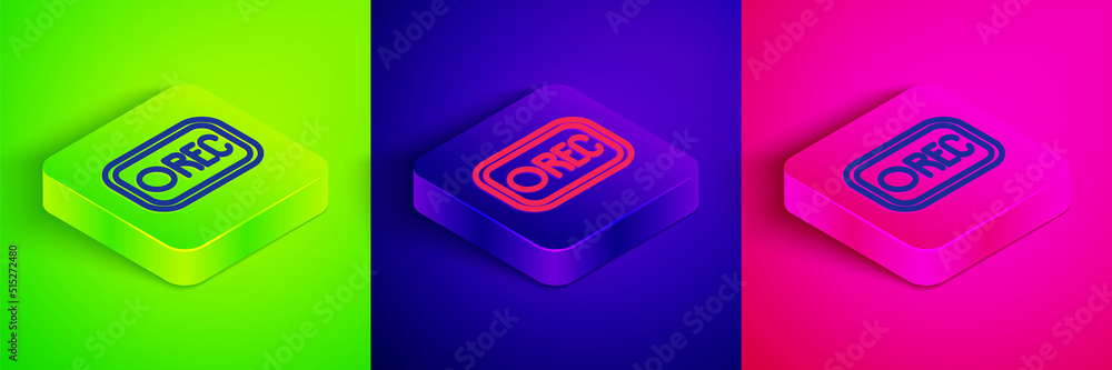 Poster isometric line record button icon isolated on green, blue and pink background. rec button. square bu