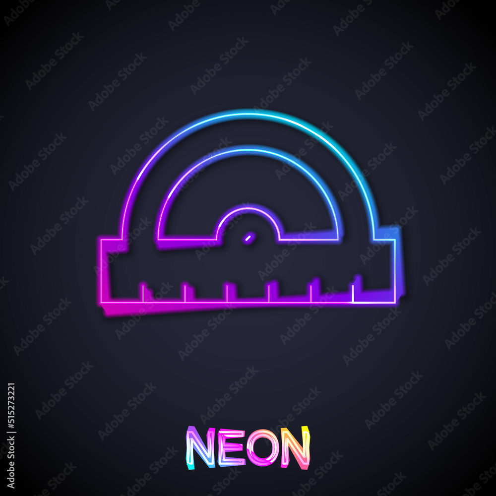Poster glowing neon line protractor grid for measuring degrees icon isolated on black background. tilt angl
