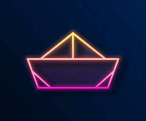 Fototapeta premium Glowing neon line Folded paper boat icon isolated on black background. Origami paper ship. Vector