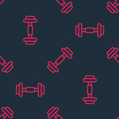 Red line Dumbbell icon isolated seamless pattern on black background. Muscle lifting, fitness barbell, sports equipment. Vector