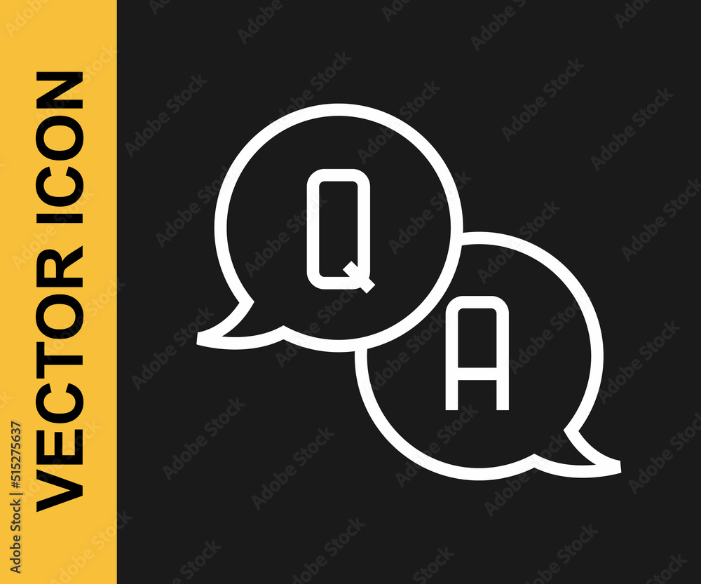 Poster white line speech bubbles with question and answer icon isolated on black background. q and a symbol