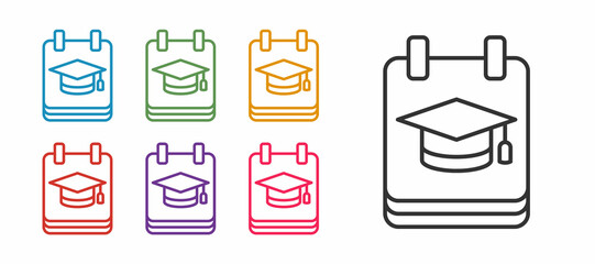 Set line Online education and graduation icon isolated on white background. Online teacher on monitor. Webinar and video seminar learning. Set icons colorful. Vector