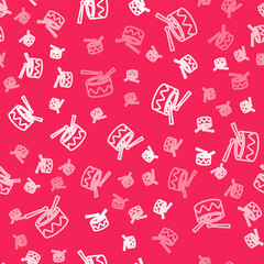 White line Drum with drum sticks icon isolated seamless pattern on red background. Music sign. Musical instrument symbol. Vector