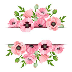 Banner with pink poppy flowers. Vector illustration