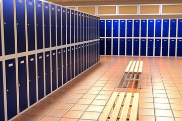 Locker room with blue lockers. 3D Render