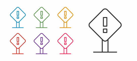 Set line Exclamation mark in square frame icon isolated on white background. Hazard warning sign, careful, attention, danger warning important sign. Set icons colorful. Vector