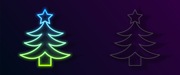 Glowing neon line Christmas tree icon isolated on black background. Merry Christmas and Happy New Year. Vector