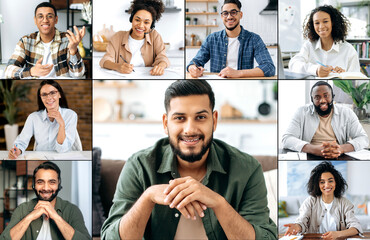 Faces of people of different nationalities. A group of multiracial people gathered for video conference talks, an Indian leader, a mentor, talking with his colleagues, business partners, about work