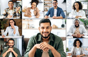 Faces of people of different nationalities. A group of multiracial people gathered for video...