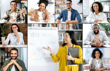 Distance education, online lecture, webinar. Smart caucasian female teacher stands near marker...