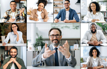 Caucasian confident mature company ceo, holding a virtual meeting, talking with employees by video conference. Successful colleagues of different nationalities are having group brainstorming session