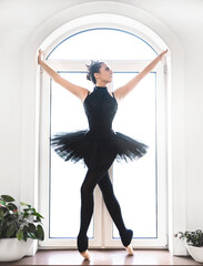 graceful ballerina in black swan dress against white background. Young ballet dancer practicing...