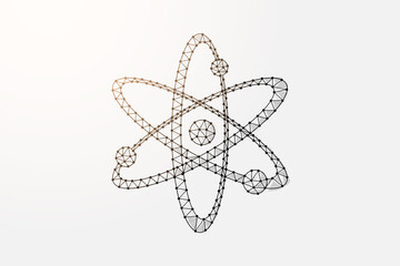 Obraz premium Atom 3d low poly symbol with connected dots. Atomic neutron, nuclear design vector illustration. Model of molecule polygonal wireframe