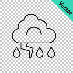 Black line Storm icon isolated on transparent background. Cloud and lightning sign. Weather icon of storm. Vector