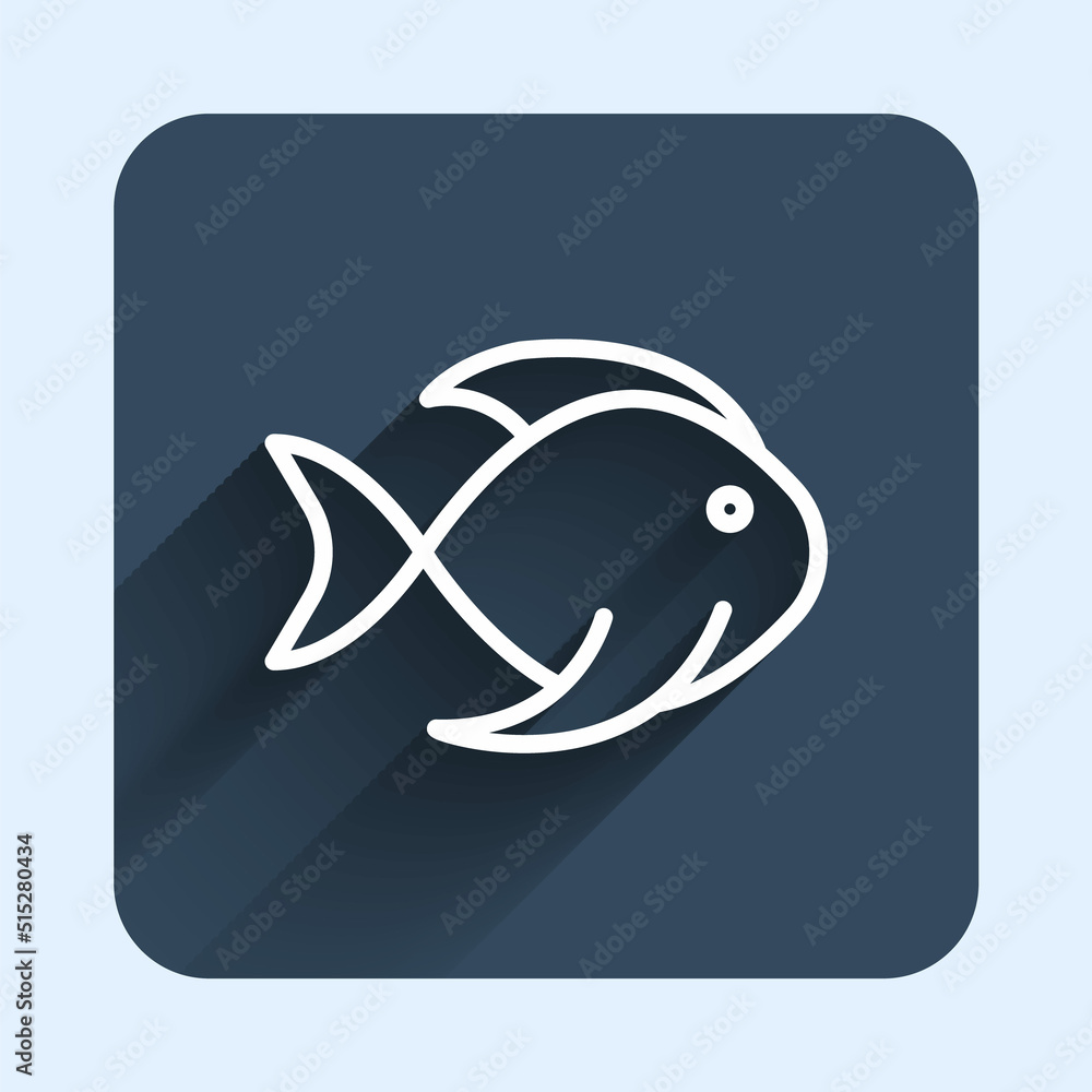 Poster white line fish icon isolated with long shadow background. blue square button. vector