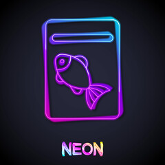 Glowing neon line Served fish on plate icon isolated on black background. Vector