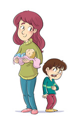 Illustration of little girl jealous of her mother and baby brother - obrazy, fototapety, plakaty